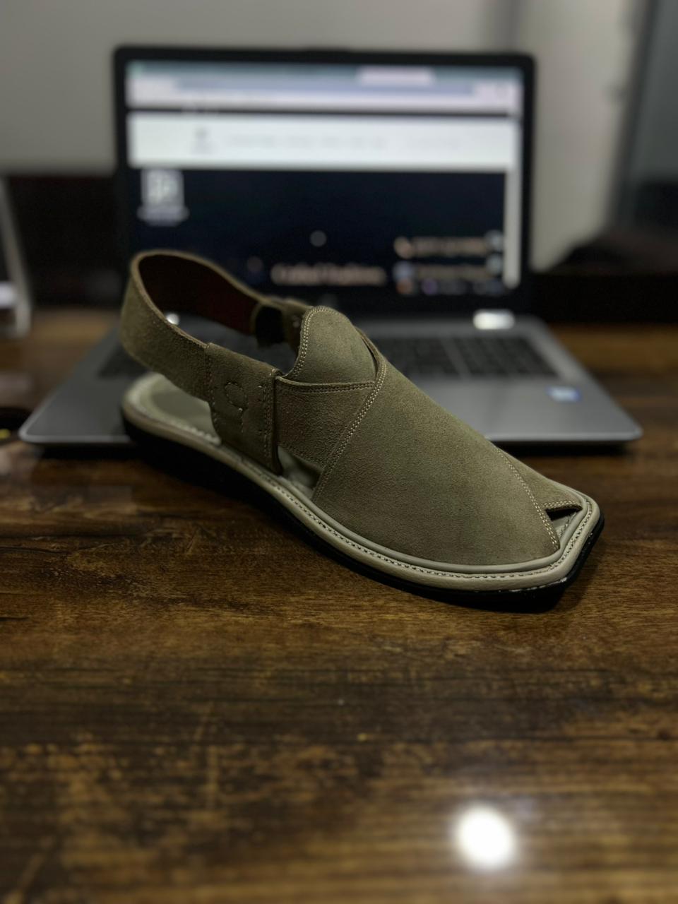 Cream Grey Seude Peshawari Chappal