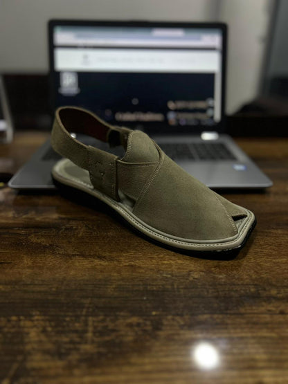 Cream Grey Seude Peshawari Chappal