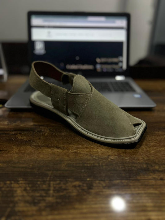 Cream Grey Seude Peshawari Chappal