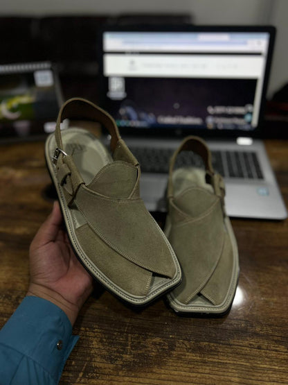 Cream Grey Seude Peshawari Chappal