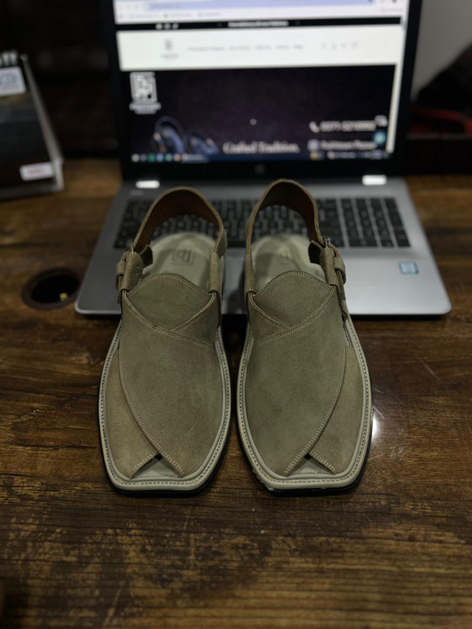 Cream Grey Seude Peshawari Chappal