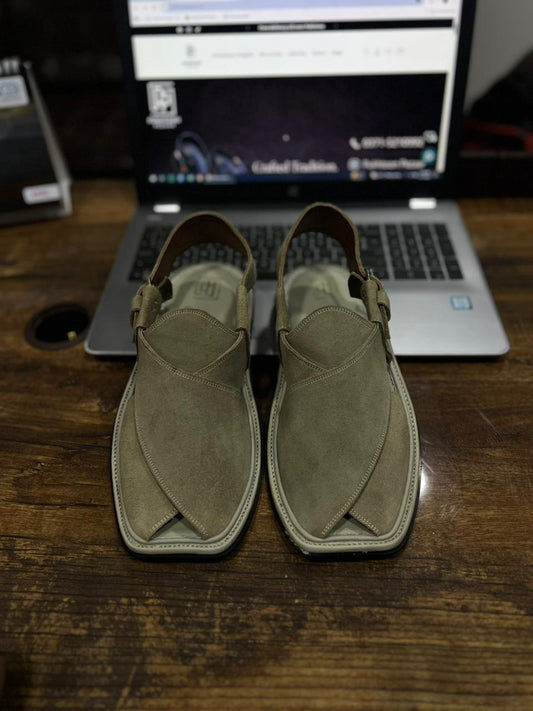 Cream Grey Seude Peshawari Chappal
