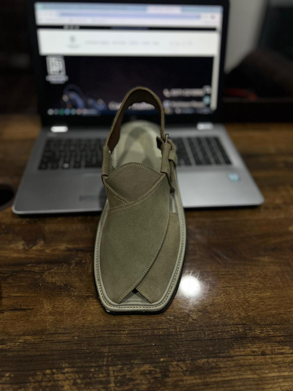 Cream Grey Seude Peshawari Chappal