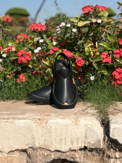 Royal Dotted Black Peshawari Chappal - Sketcher Sole