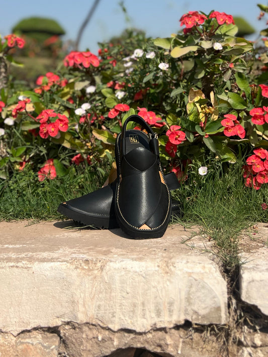 Royal Dotted Black Peshawari Chappal - Sketcher Sole